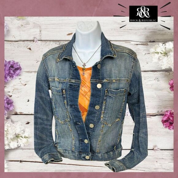 Rock & Republic RUNAWAY Denim Jean Jacket, Women's XS, Studded, Distressed EUC - Picture 1 of 7